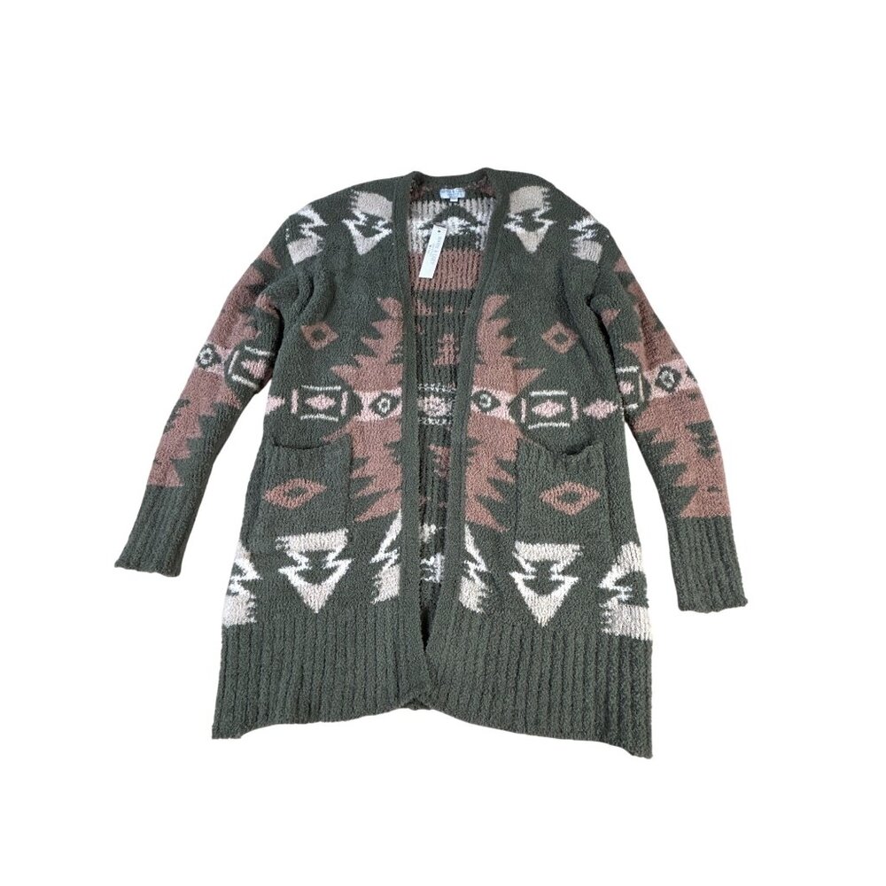 NEW Warm & Cozy Lifestyle Open Front Cardigan Medium Aztec Pattern Green Pink